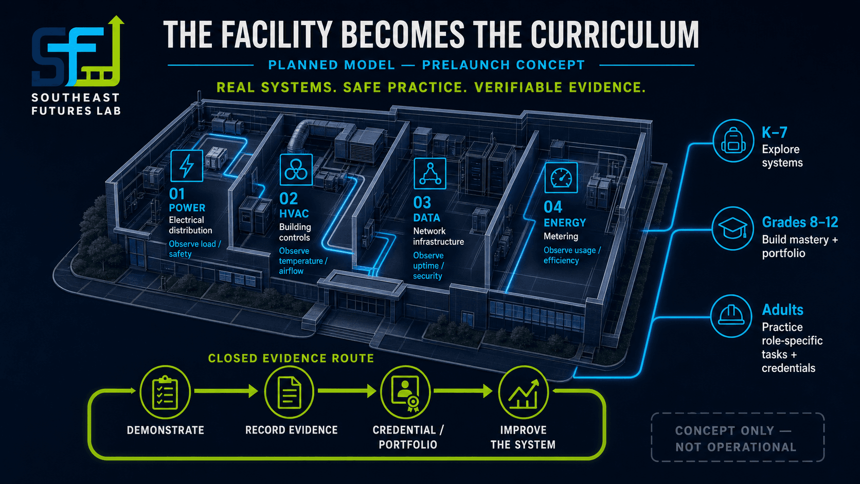 Planned Southeast Futures Lab isometric systems map showing power, HVAC, data, and energy learning zones connected to K–7, Grades 8–12, and adult pathways.