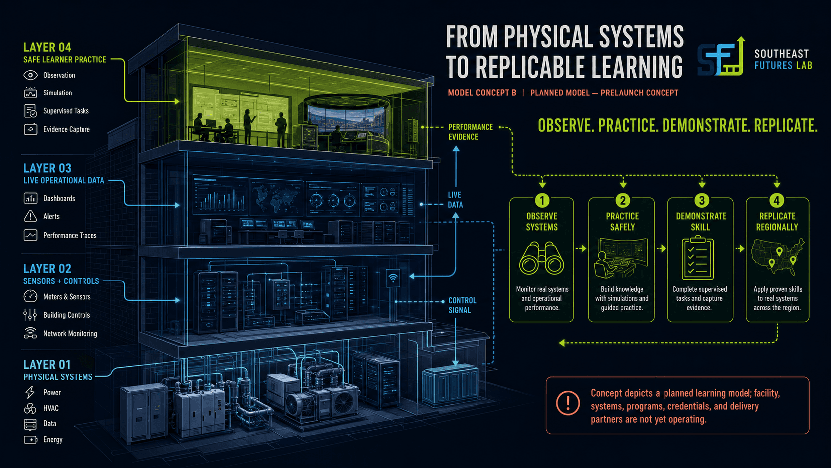 Cutaway concept showing physical systems, sensors and controls, operational data, and safe learner practice progressing through observe, practice, demonstrate, and replicate.